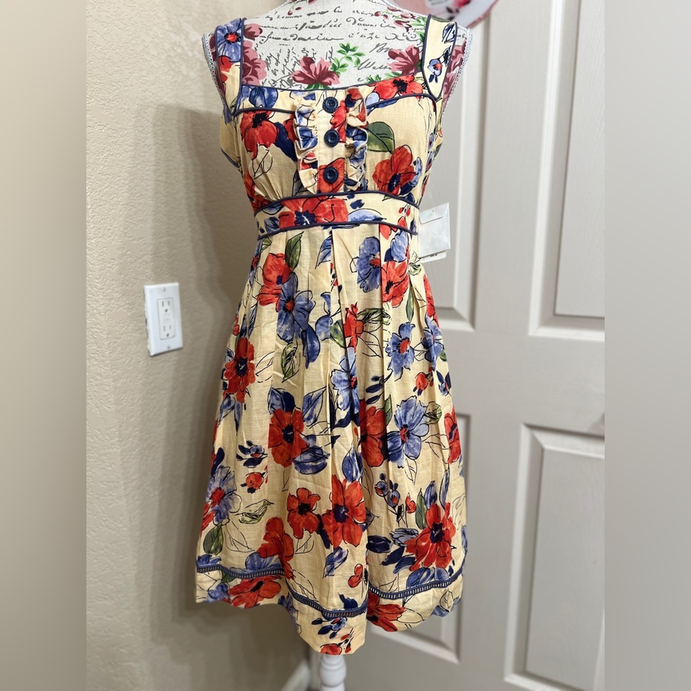 Jessica Simpson Yellow Floral Fit-and-Flare Mini Dress with Red & Blue Blooms
